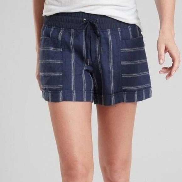 Athleta Cabo Linen Chambray Shorts | Size 2 | Blue Striped | Elastic Waist - Picture 2 of 6